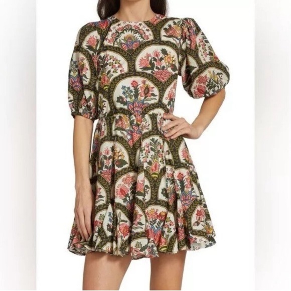 RHODE Molly Mushroom Pink and Green Floral Puff Sleeve Lace up Back Mini Dress S - Picture 3 of 12